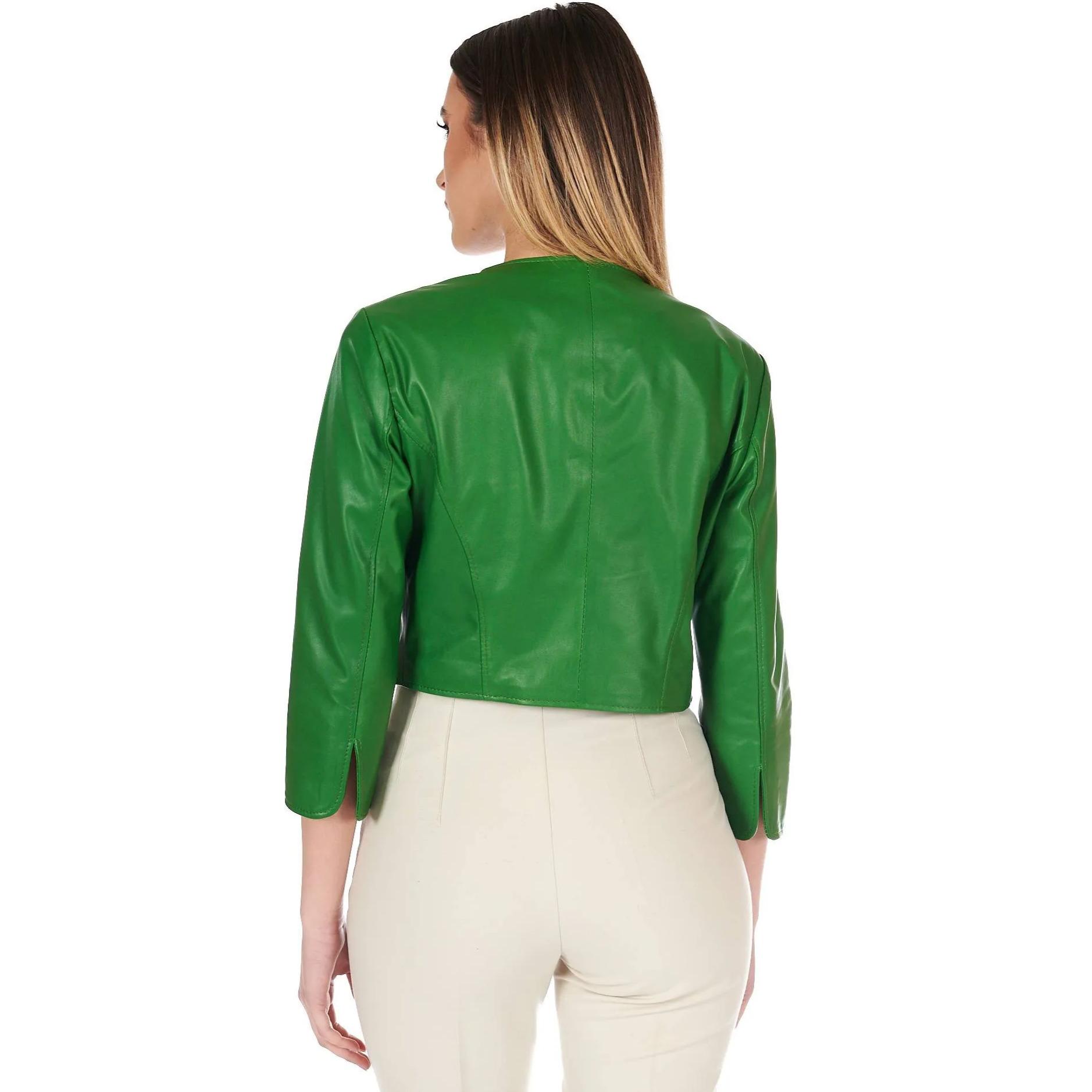 Giacca corta bolero in pelle verde menta girocollo