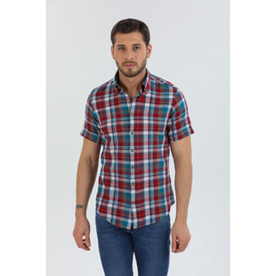 Camicia Uomo 1 Bottone Button Down Manica Corta Slim Lino Quadro Grande Rosso Verde Ottanio
