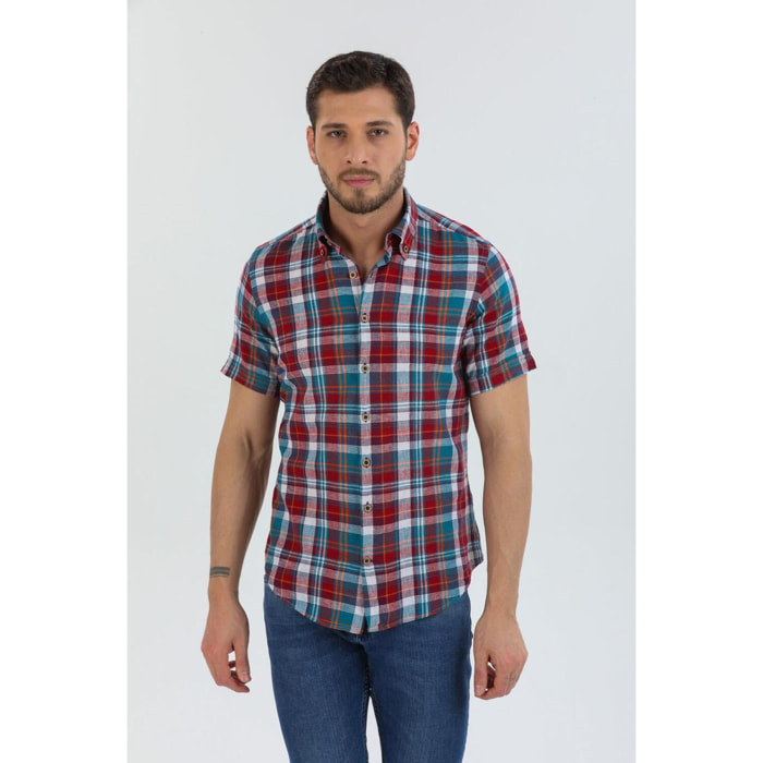 Camicia Uomo 1 Bottone Button Down Manica Corta Slim Lino Quadro Grande Rosso Verde Ottanio