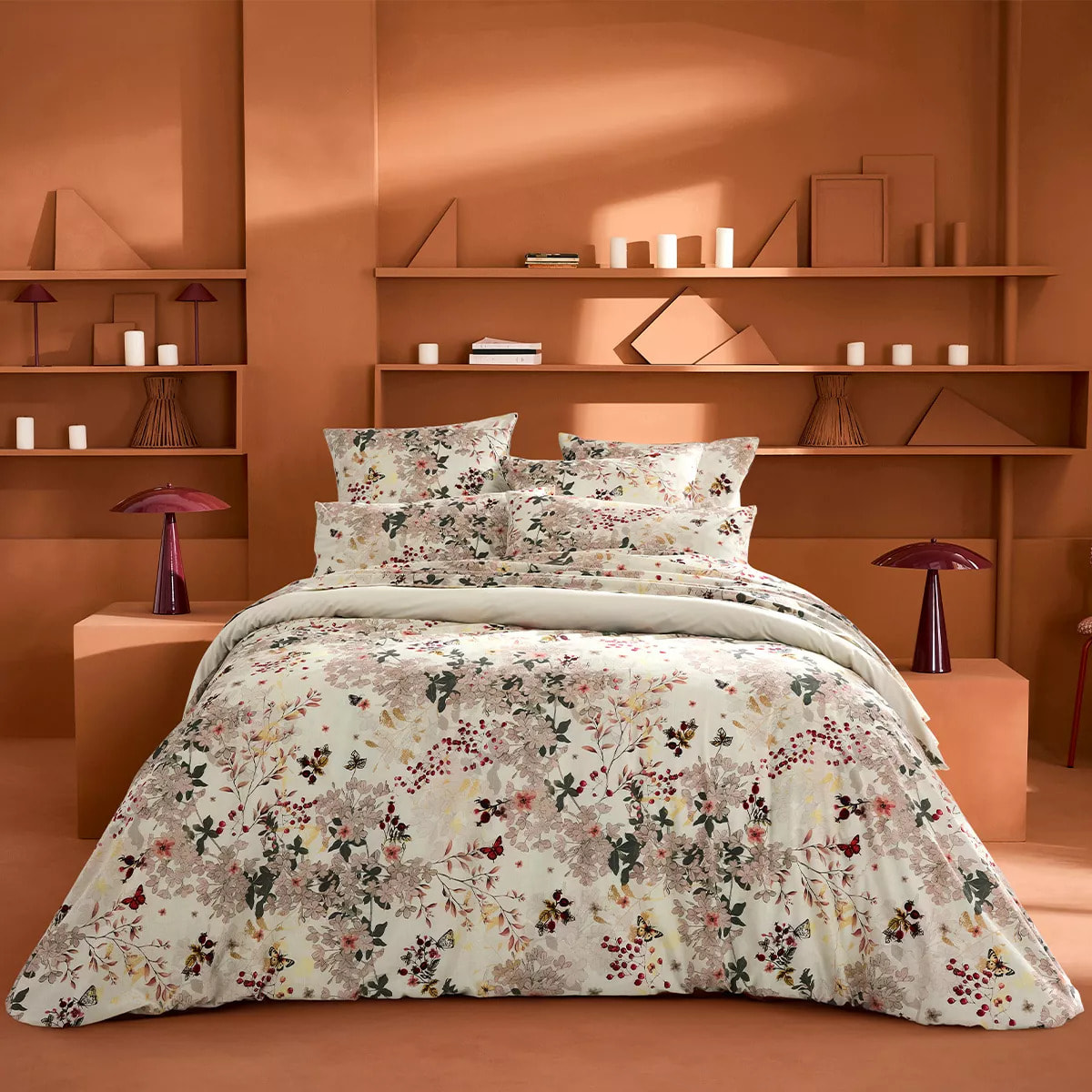 Lot de 2 taies percale de coton lavé 115 g/m² imprimé beige bordeaux Vintage flowers cranberry