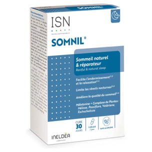 ISN - Somnil® - Complément alimentaire - Mélatonine, plantes, vit.B6 - Facilite l'endormissement - Améliore le sommeil - Cure 30j