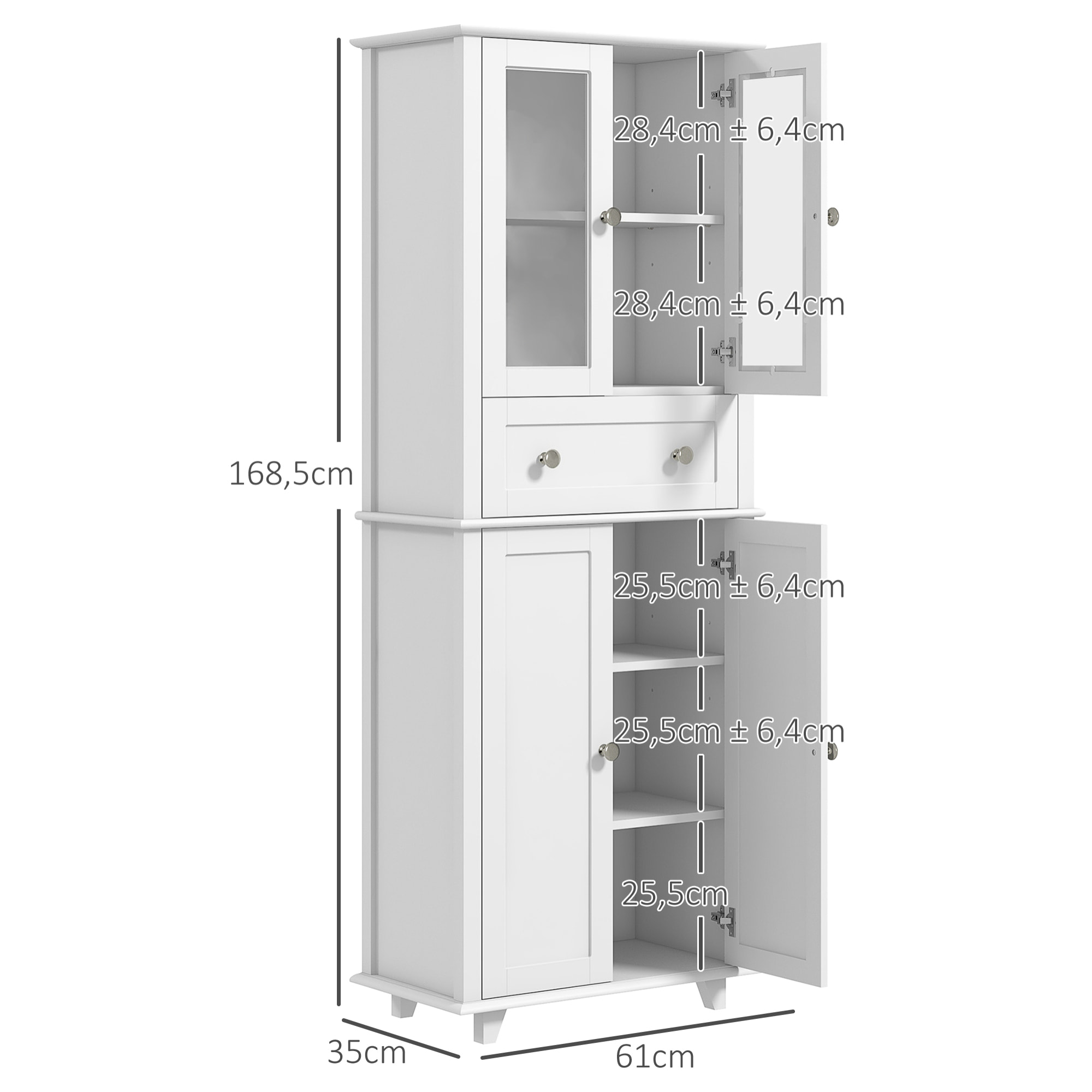Alacena de Cocina Despensa Armario de Cocina con 2 Puertas de Vidrio Templado Cajón y Estantes Ajustables Aparador para Comedor 61x35x168,5 cm Blanco
