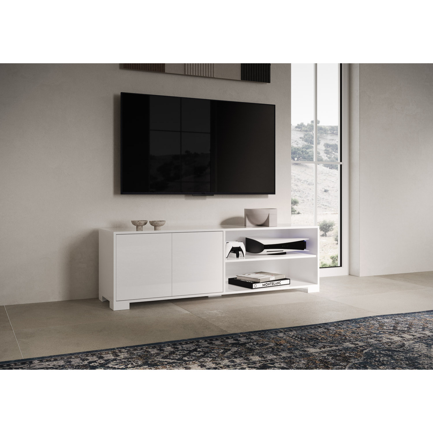 Meuble de TV 2 puertas y compartimento abierto 150x40x40 cm Lumina blanco brillante