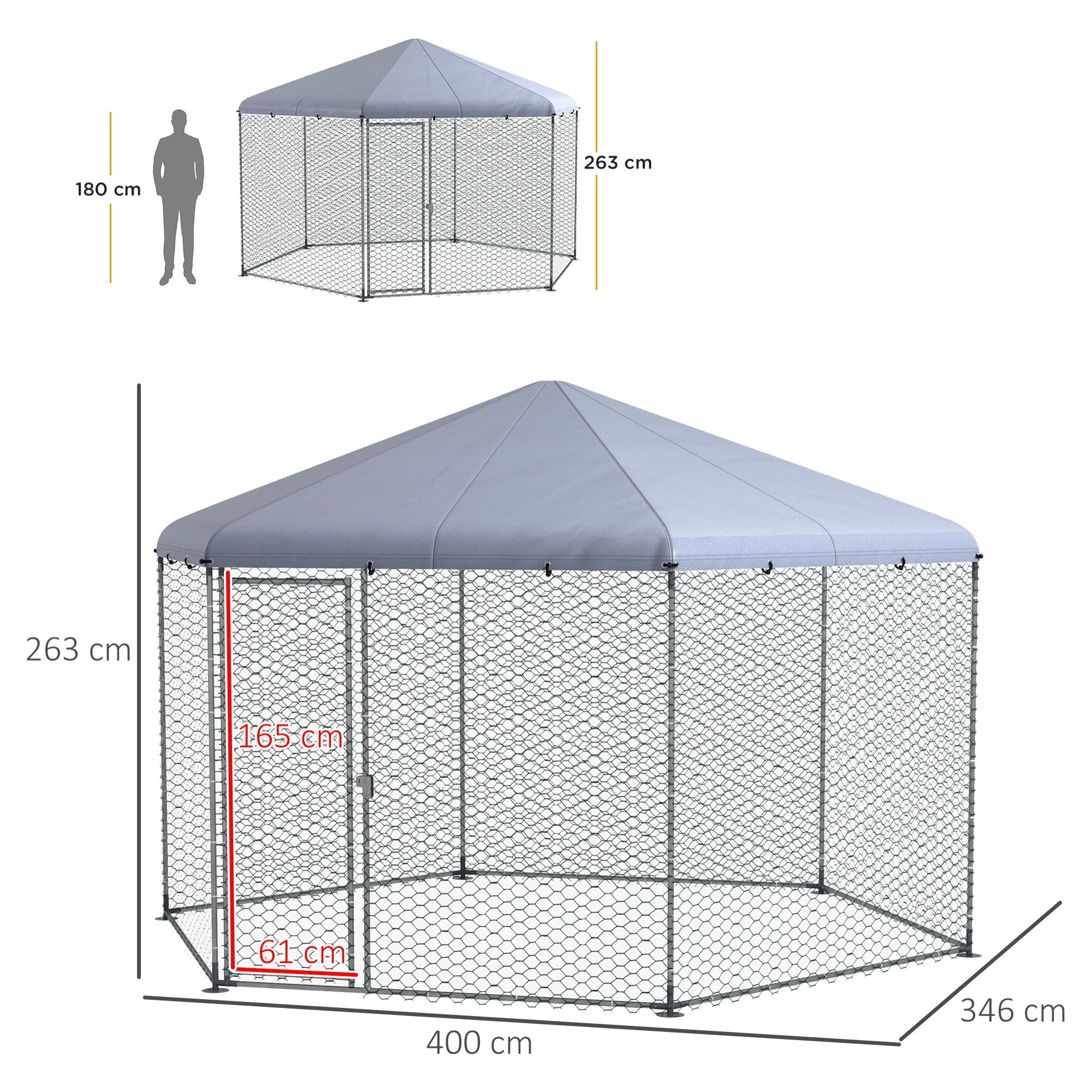 Enclos poulailler chenil 10 m² - parc grillagé dim. 4L x 3,46l x 2,63H m - entièrement couvert - acier oxford gris