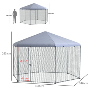 Enclos poulailler chenil 10 m² - parc grillagé dim. 4L x 3,46l x 2,63H m - entièrement couvert - acier oxford gris