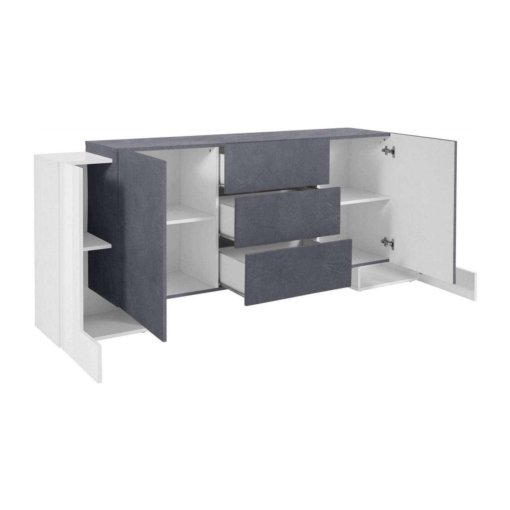 Credenza moderna a 2 ante e 3 cassetti, Made in Italy, Madia da cucina, Buffet di design da soggiorno, cm 210x45h85, colore Bianco lucido e Grigio Cenere