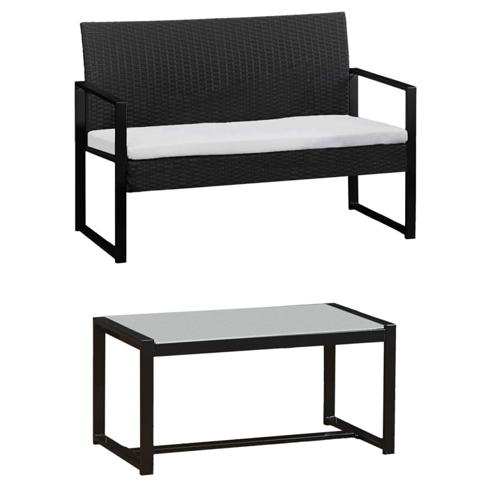 Salon de jardin MAJORQUE en résine tressée noir 4 places - coussins ivoire