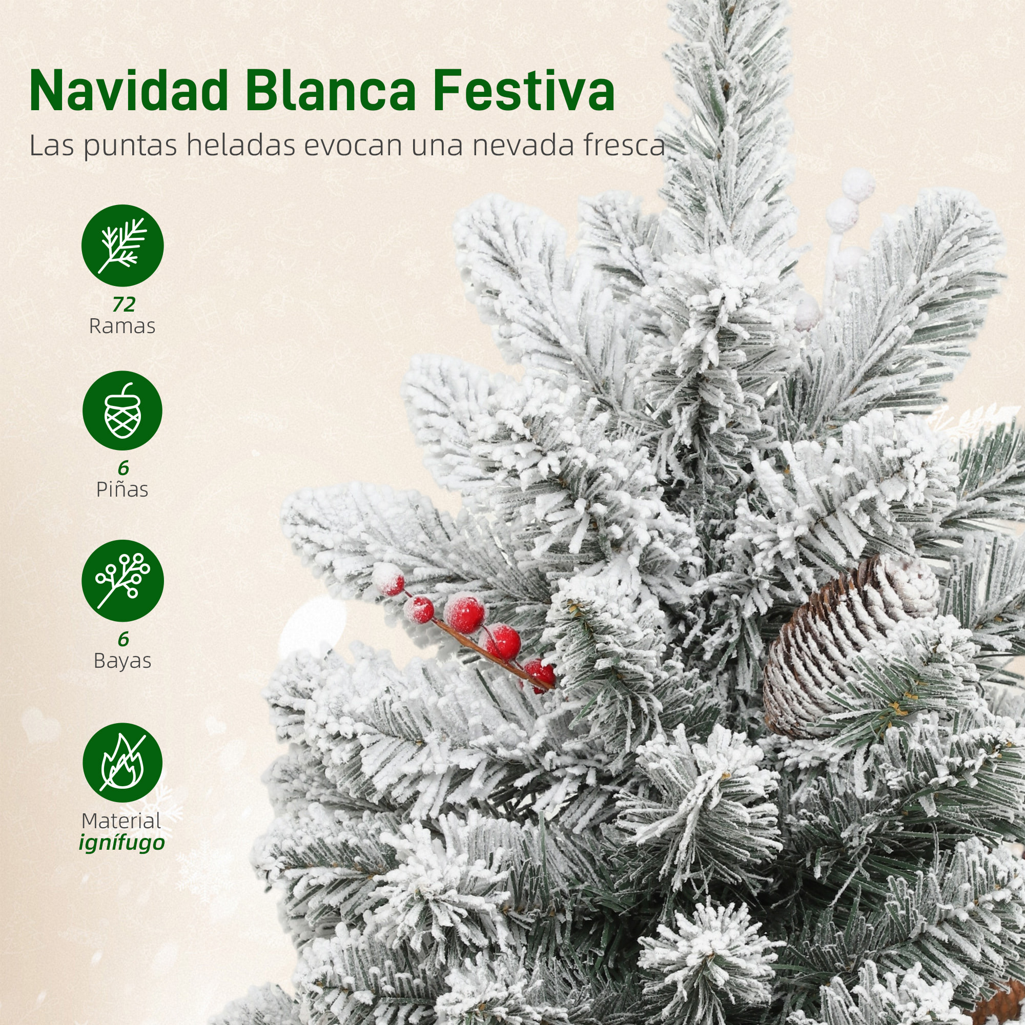Árbol de Navidad con 35 Luces LED, 60 cm, Mini Árbol de Navidad Artificial con 72 Ramas Densas con Nieve, Piñas, Bayas y Base de Arpillera, Decoración Navideña de Mesa para Casa, Oficina, Verde