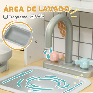Cocina de Juguete para Niños +3 Años Cocina de Madera Infantil Cocinita Infantil con Sonido Fogón Grifo Fregadero Microondas Cafetera Máquina de Hielo y Accesorios de Cocina Blanco