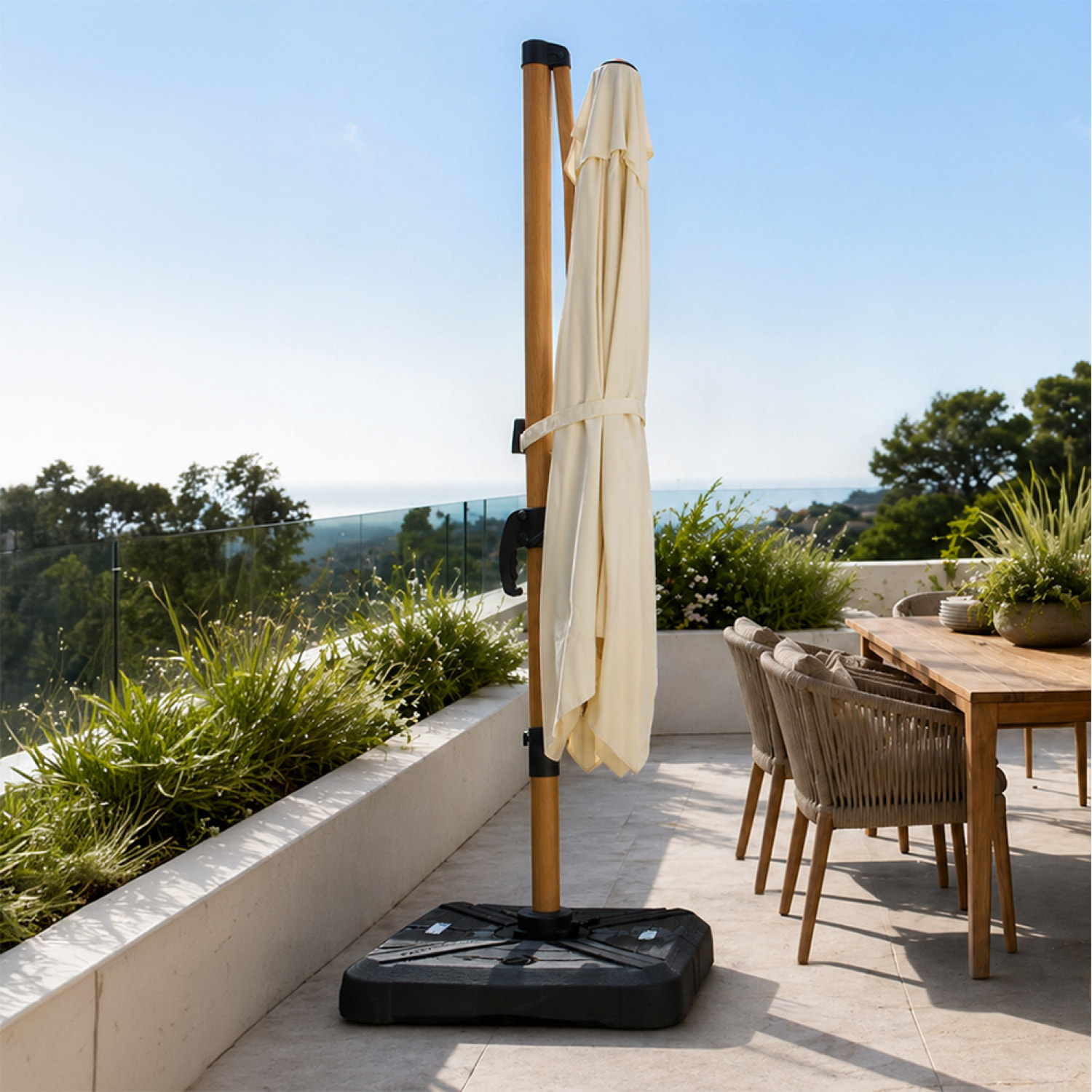 Parasol rectangulaire 2x3m déporté rotatif écru structure effet bois OTA