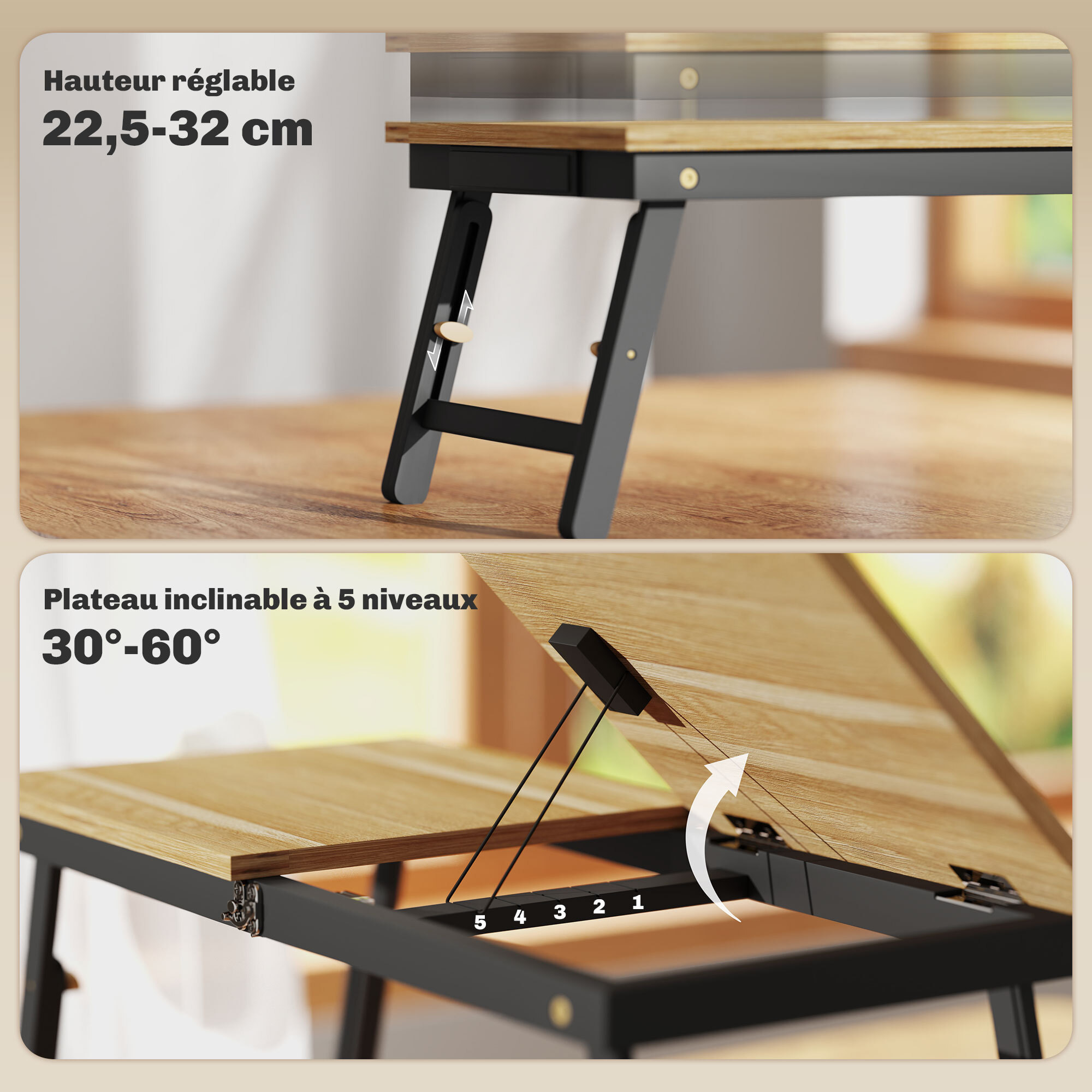 Table de lit pliable réglable pour ordinateur - plateau inclinable, tiroir - bois bambou MDF noir