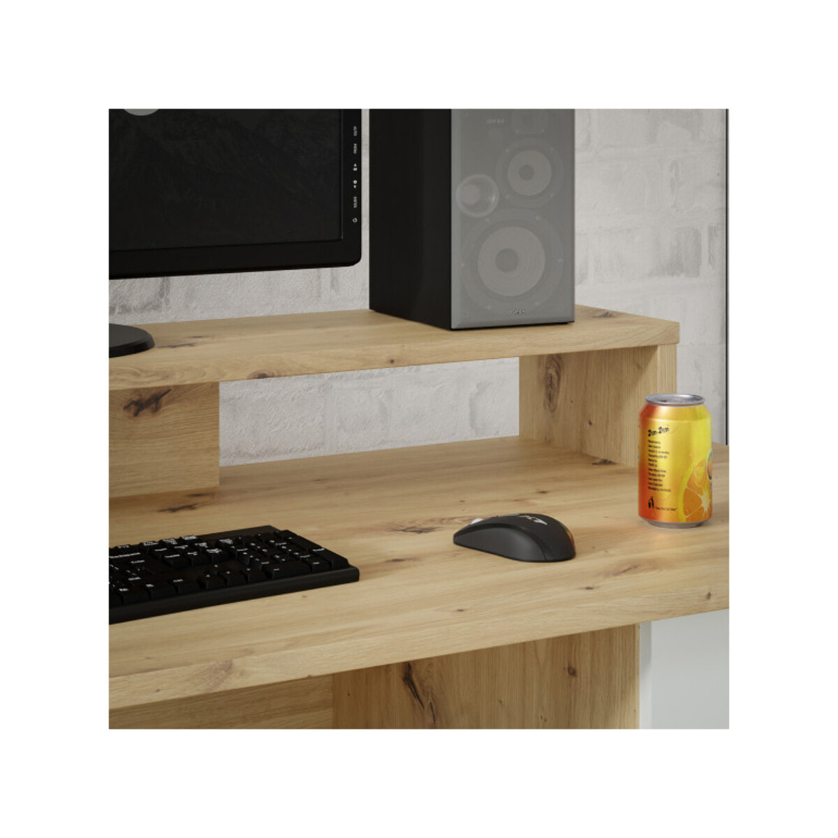 Bureau L145cm 4 tiroirs 1 porte 1 tablette décor gris et chêne - ELENA