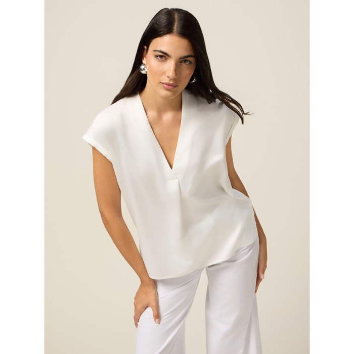 Oltre - T-shirt bimaterica con scollo a V - Bianco