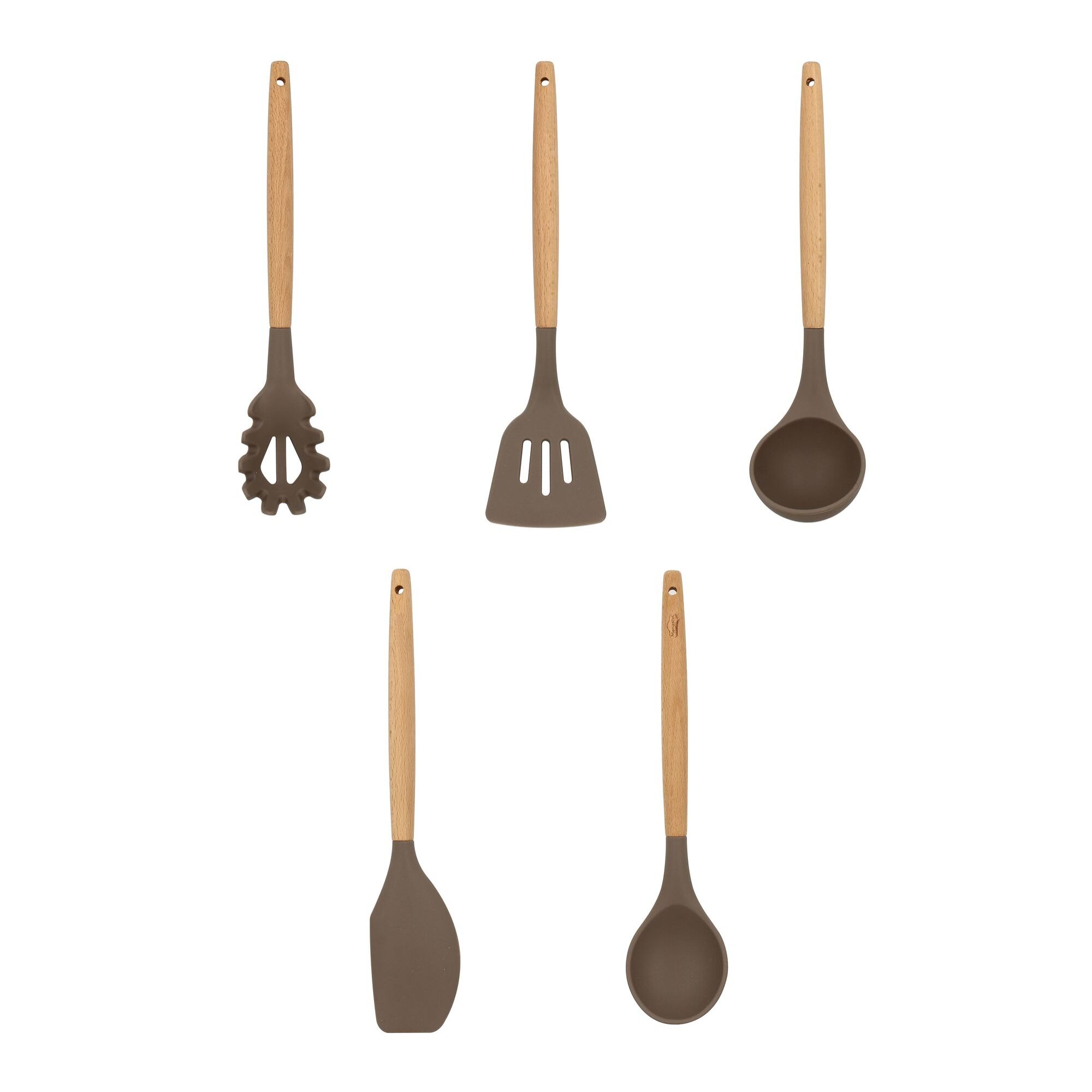 Lot de 5 ustensiles en silicone et manche en bois  ELIOTT