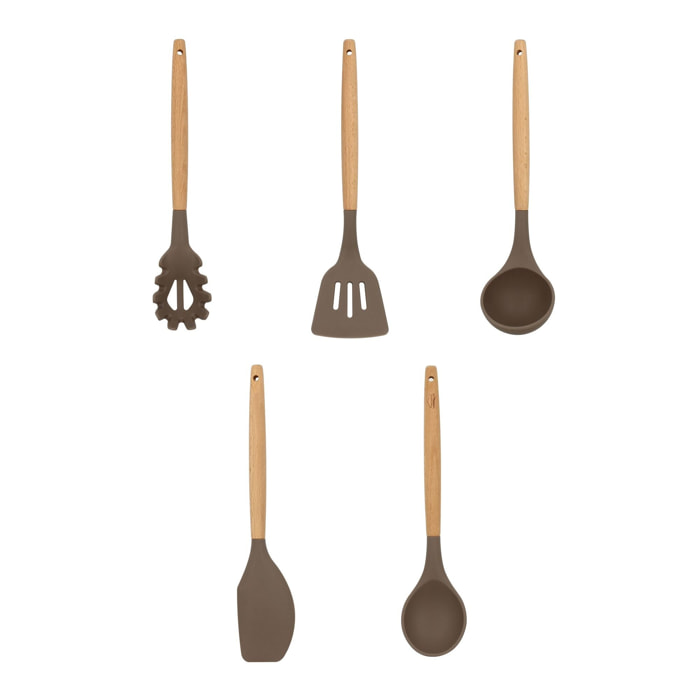 Lot de 5 ustensiles en silicone et manche en bois  ELIOTT