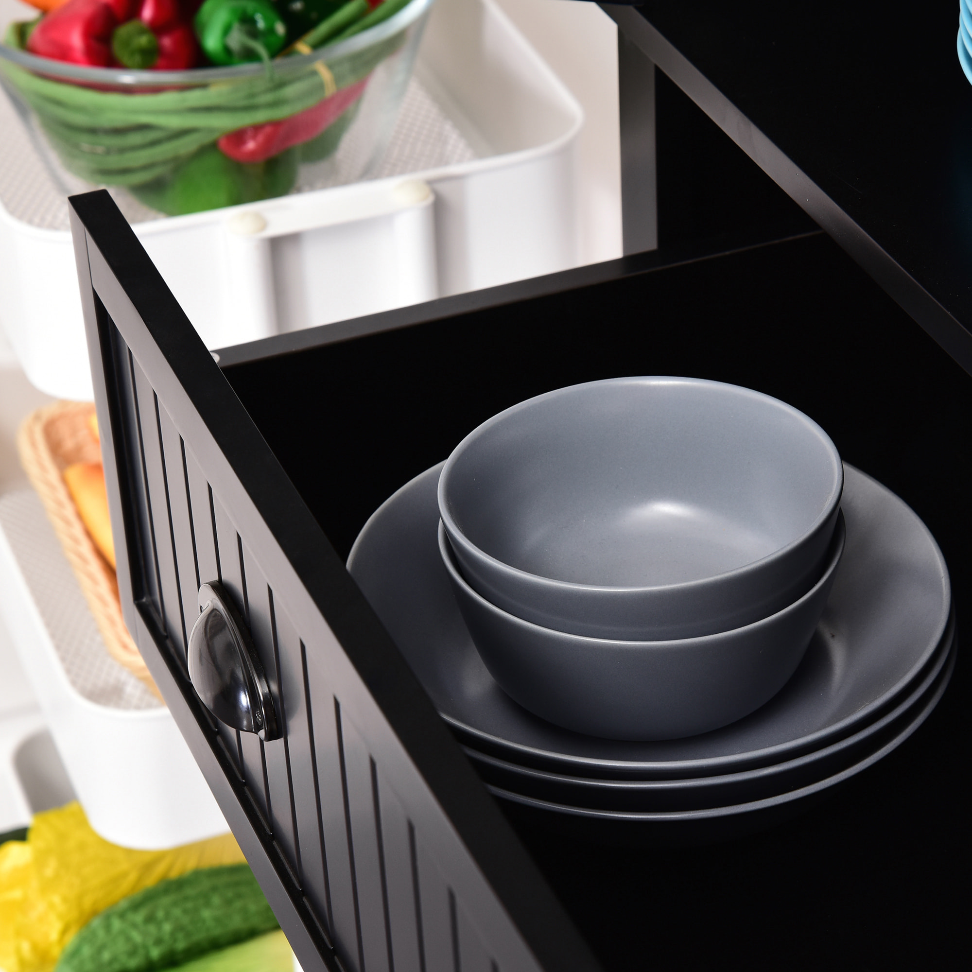 Buffet haut multi-rangement - 4 portes, grand tiroir - dim. 76L x 40l x 183H cm - panneaux MDF noir