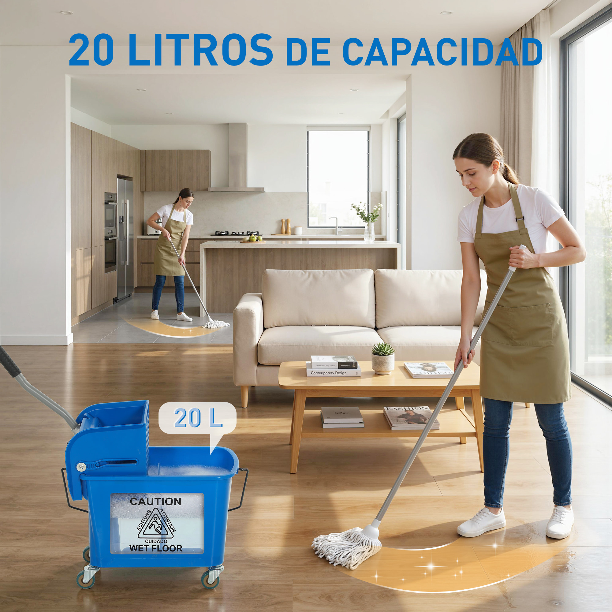 Cubo de Fregona con Ruedas Capacidad de 20 L Cubo de Fregar con Sistema de Escurridor Mopa y Asa de Transporte para Doméstico y Comercial Azul