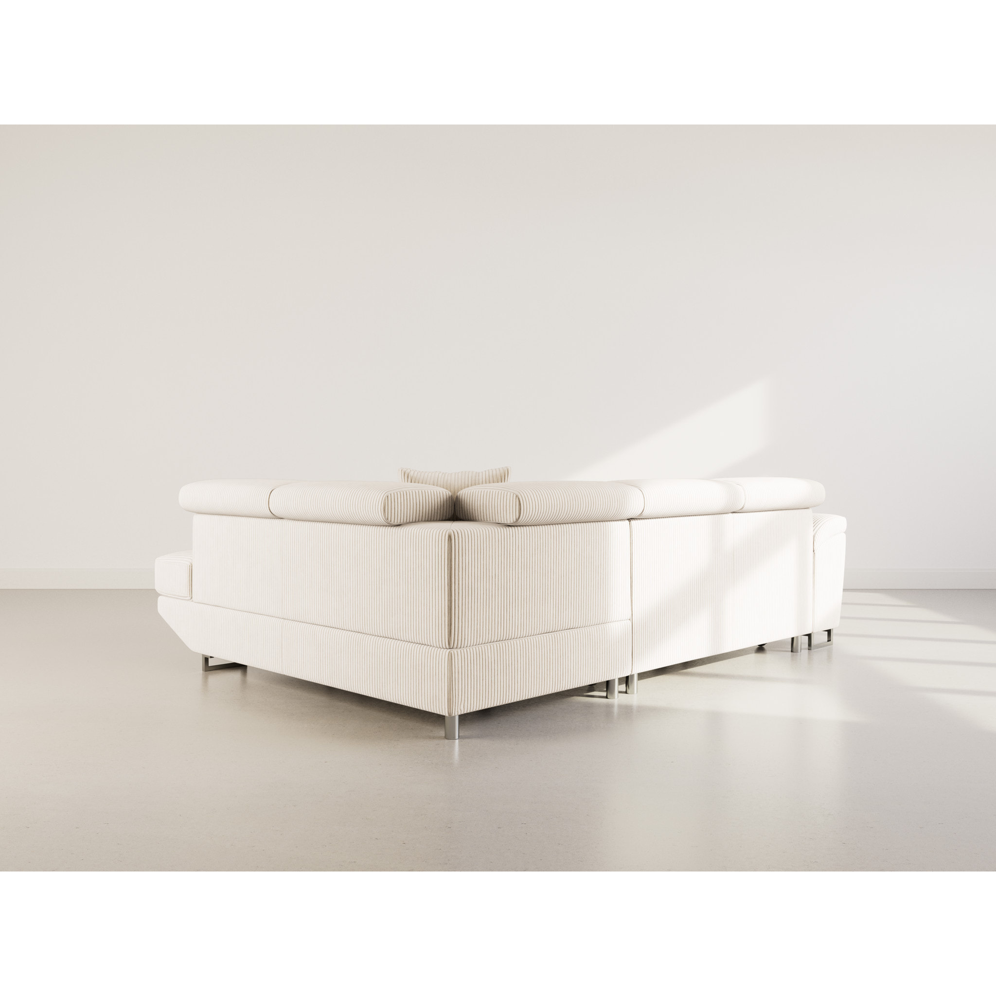 Baoji - Canapé d'angle droit 5 places convertible avec têtières et coffre en velours côtelé - Beige