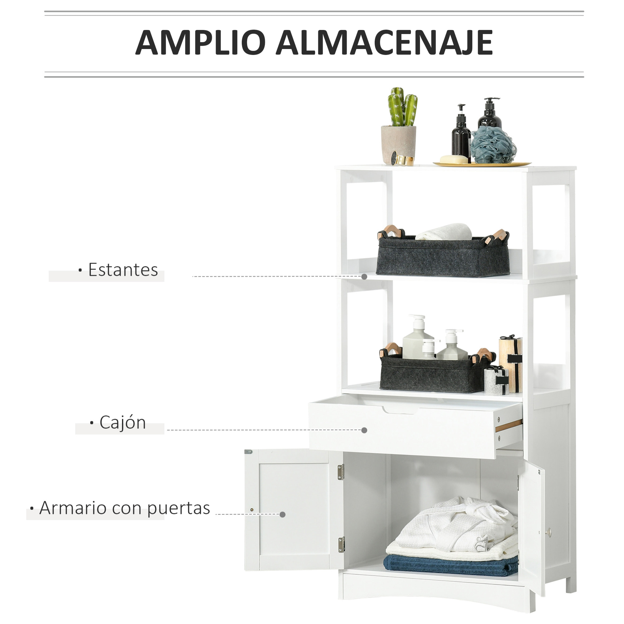 Conjunto de Baño Juego de Armario de Baño con Cajón 3 Estantes y Mueble para Debajo del Lavabo con 2 Puertas Antivuelco 60x33x122,5 cm 60x30x60 cm Blanco