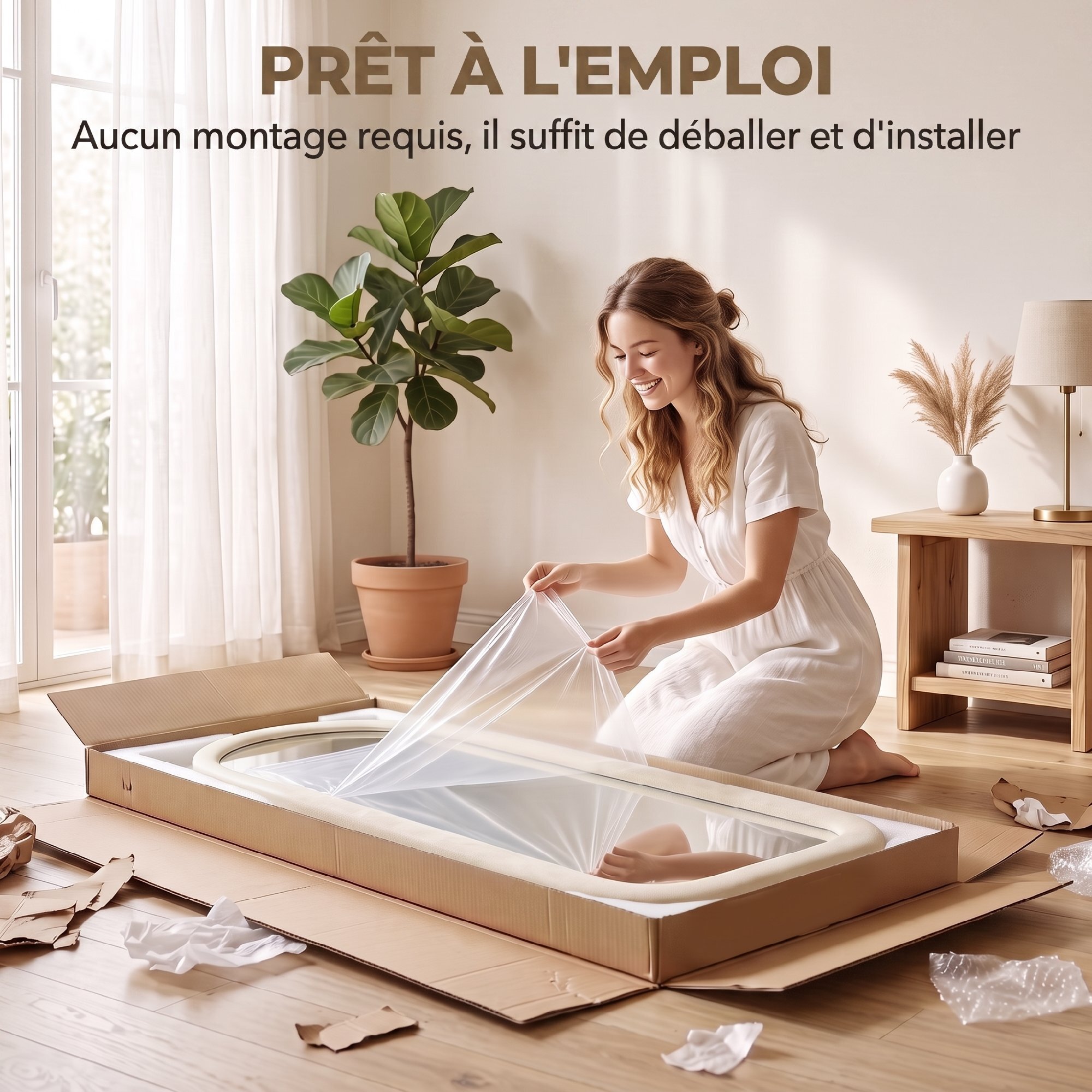 Miroir sur pied pleine longueur design velours blanc crème