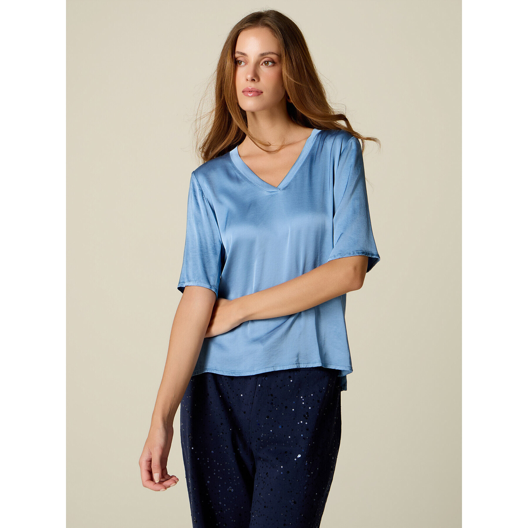 Oltre - Blusa maniche corte in raso - Azzurro