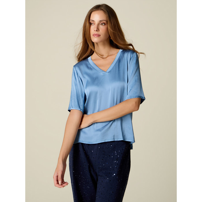 Oltre - Blusa maniche corte in raso - Azzurro
