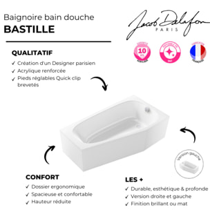 Pack baignoire bain douche 170 x 90 Bastille vidage à droite blanc brillant + tablier en angle + pare-bain chromé