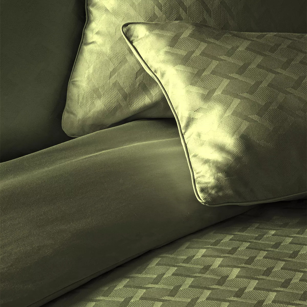 Housse de couette satin de coton motif jacquard vert Adagio kaki