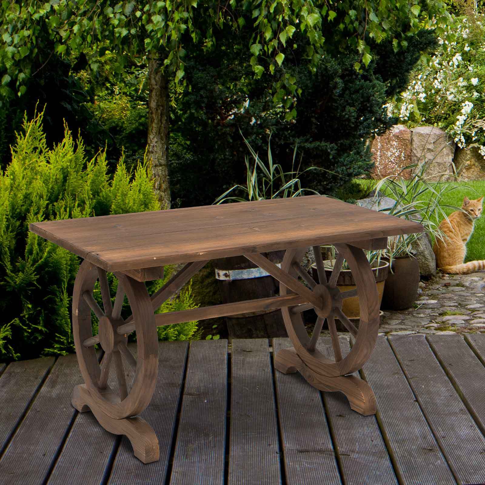 Mesa de Jardín de Madera Mesa de Terraza Exterior 110x60x65 cm con Patas en Forma de Rueda Carga 100 kg Mesa para Exterior Patio Madera Carbonizada