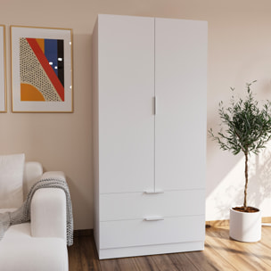 Armadio Santa Clara Armadietto Multiuso per Camera da Letto con Appendiabiti 2 Ante con Maniglie in Metallo e 2 Cassetti 180 x 81 x 52 Cm Bianco