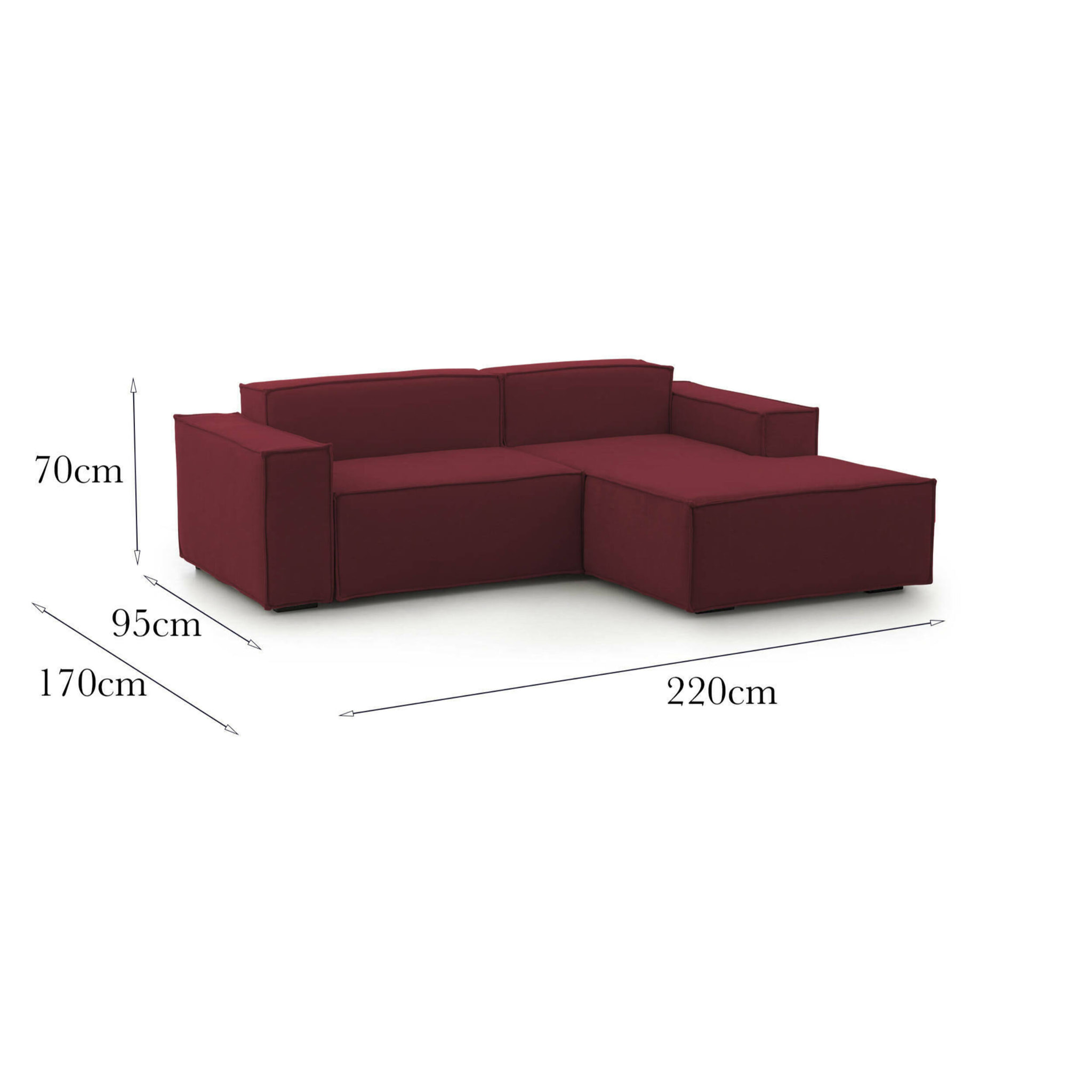 Divano fisso con penisola Amuleto, Divano componibile a 2 posti con penisola destra, Sofà in tessuto, 100% Made in Italy, Cm 220x170h70, Rosso