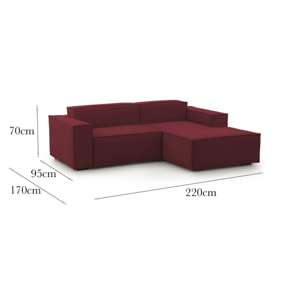 Divano fisso con penisola Amuleto, Divano componibile a 2 posti con penisola destra, Sofà in tessuto, 100% Made in Italy, Cm 220x170h70, Rosso
