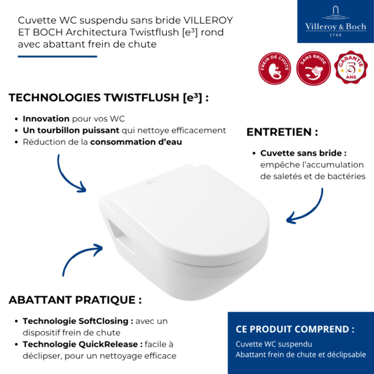 WC suspendu sans bride Architectura Twistflush rond avec abattant
