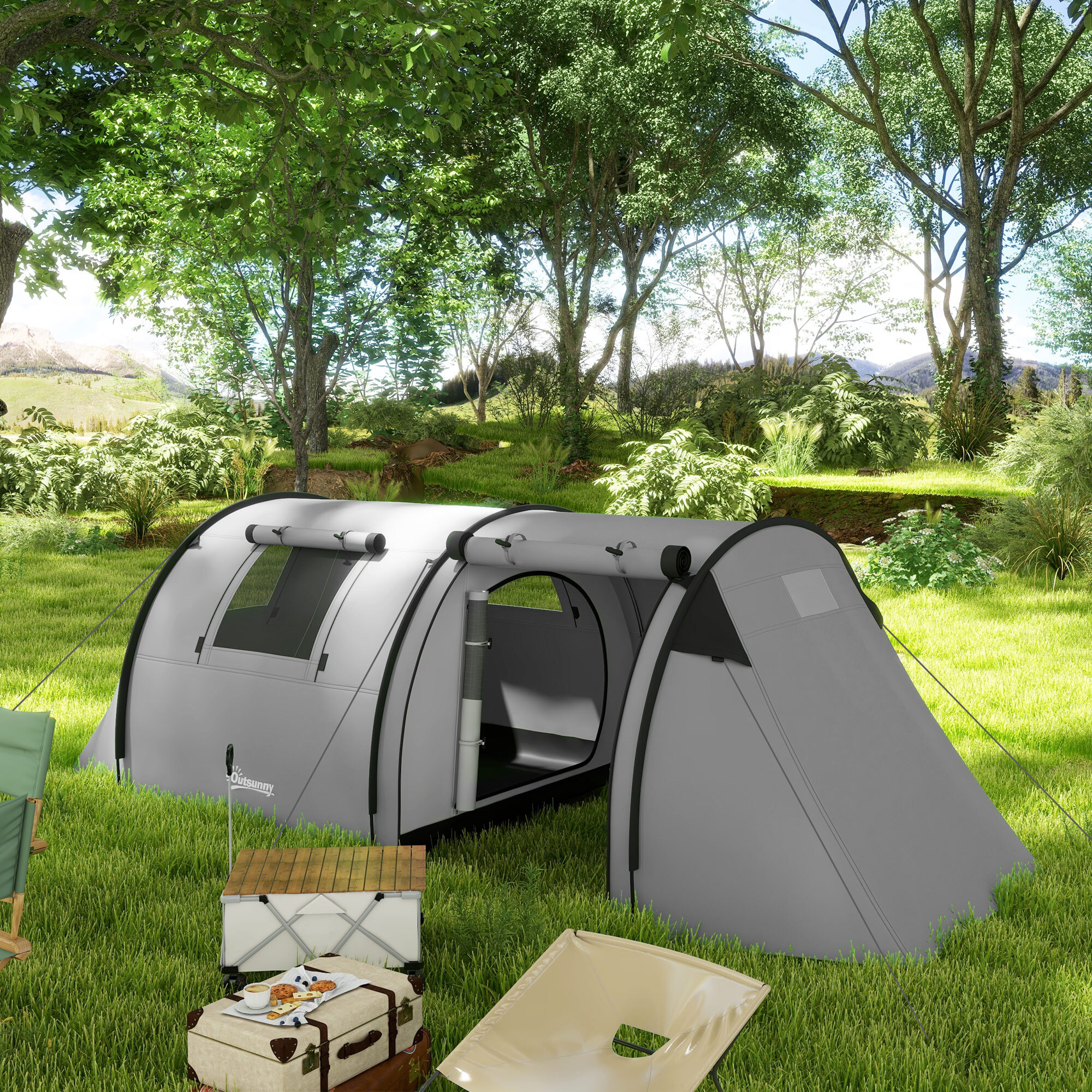Tienda de Campaña Familiar para 3 Personas Tienda Camping Plegable Ligera con Puertas Ventallas Gancho Bolsa de Transporte Impermeable 3000 mm para Playa Senderismo 470x220x150 cm Gris