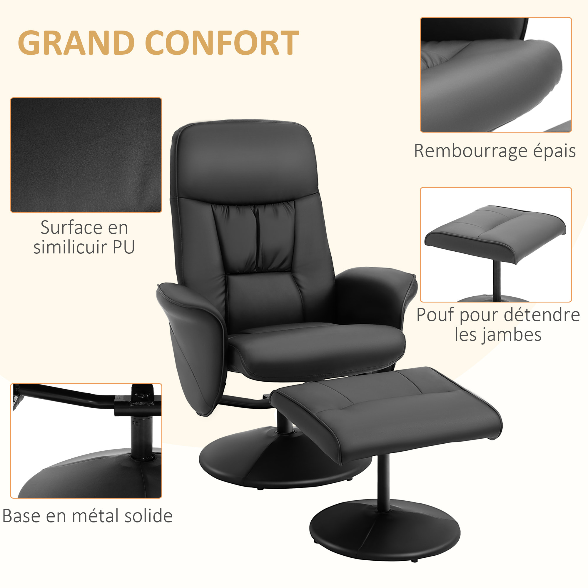 Fauteuil relax inclinable pivotant style contemporain avec repose-pied revêtement synthétique noir