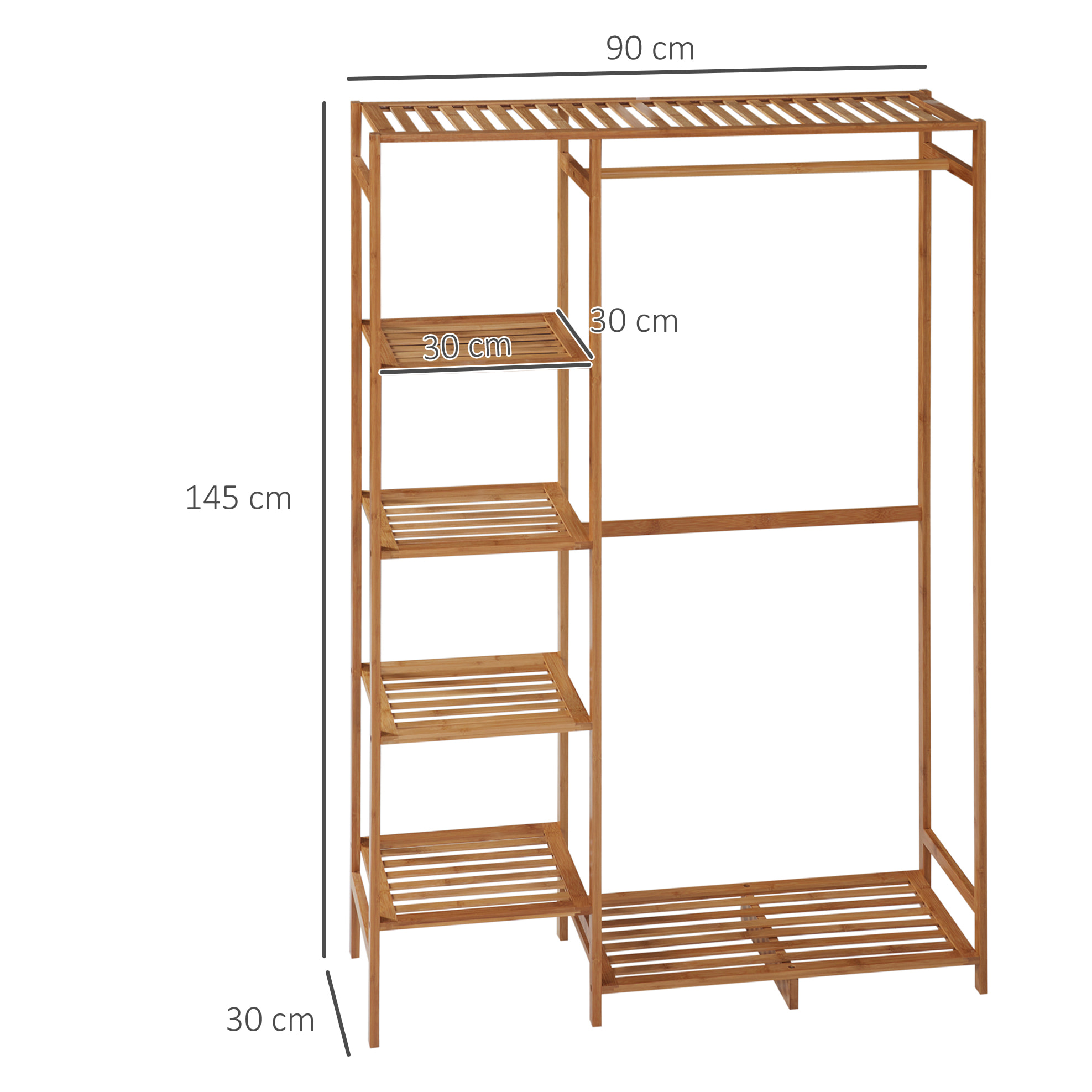 Perchero de Pie de Bambú Perchero para Ropa con Estante de Almacenamiento de 6 Niveles y Varilla Colgante para Salón Dormitorio Entrada 90x30x145 cm Natural