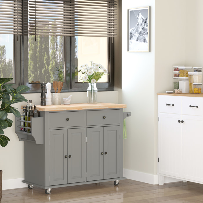 Desserte de cuisine multi rangements 2 tiroirs 2 placard 2 portes avec étagère range-bouteille porte-torchons MDF gris hévéa