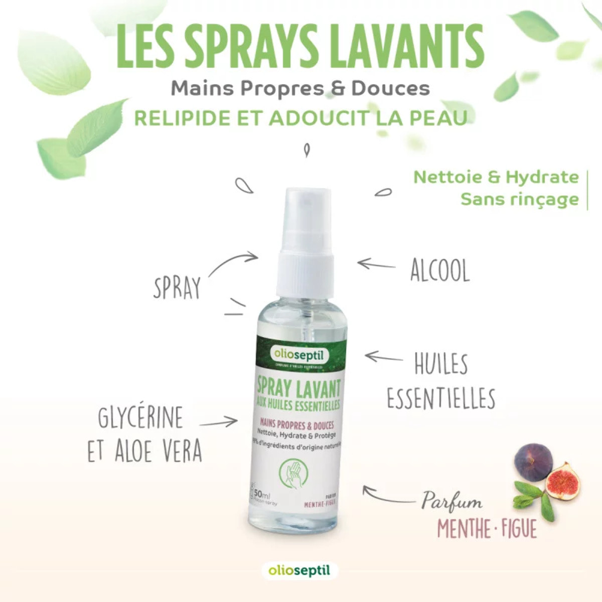 OLIOSEPTIL - Spray Lavant aux Huiles Essentielles - Mains propres et douces - 98% d'ingrédients d'origine naturelle - Nettoie, hydrate & protège - Sans rinçage - Parfum Menthe-Figue - Spray 50 ml