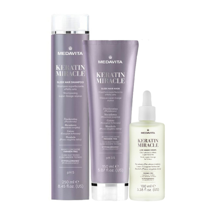 MEDAVITA Kit Keratin Miracle Sleek Hair Shampoo 250ml + Mask 150ml +  Liss Magic Drops Olio 100ml