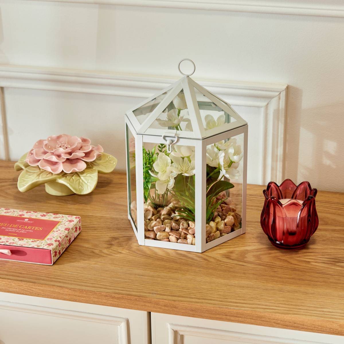 Cage terrarium Fleur artificiellle blanc H23 cm