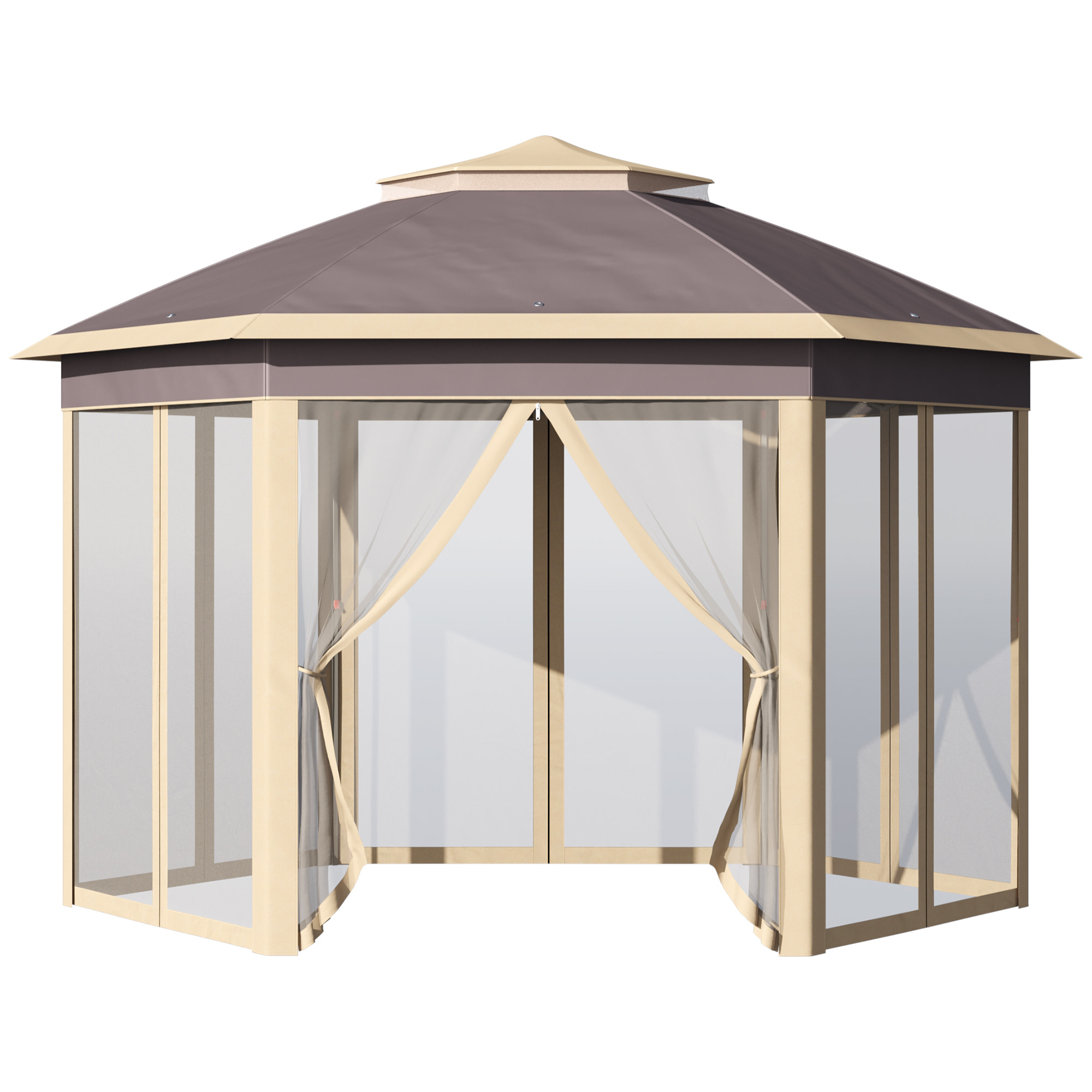 Carpa Plegable 4,05x3,4x2,85 m Cenador de Jardín Hexagonal con Doble Techo 6 Mosquiteras Desmontables Bolsa de Transporte Altura Ajustable en 3 Niveles y Anti-UV para Fiesta Patio Beige