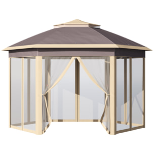 Carpa Plegable 4,05x3,4x2,85 m Cenador de Jardín Hexagonal con Doble Techo 6 Mosquiteras Desmontables Bolsa de Transporte Altura Ajustable en 3 Niveles y Anti-UV para Fiesta Patio Beige