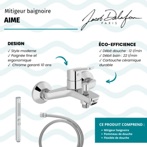 Mitigeur baignoire Aimé + pommeau de douche Shift+ carré + flexible de douche métal