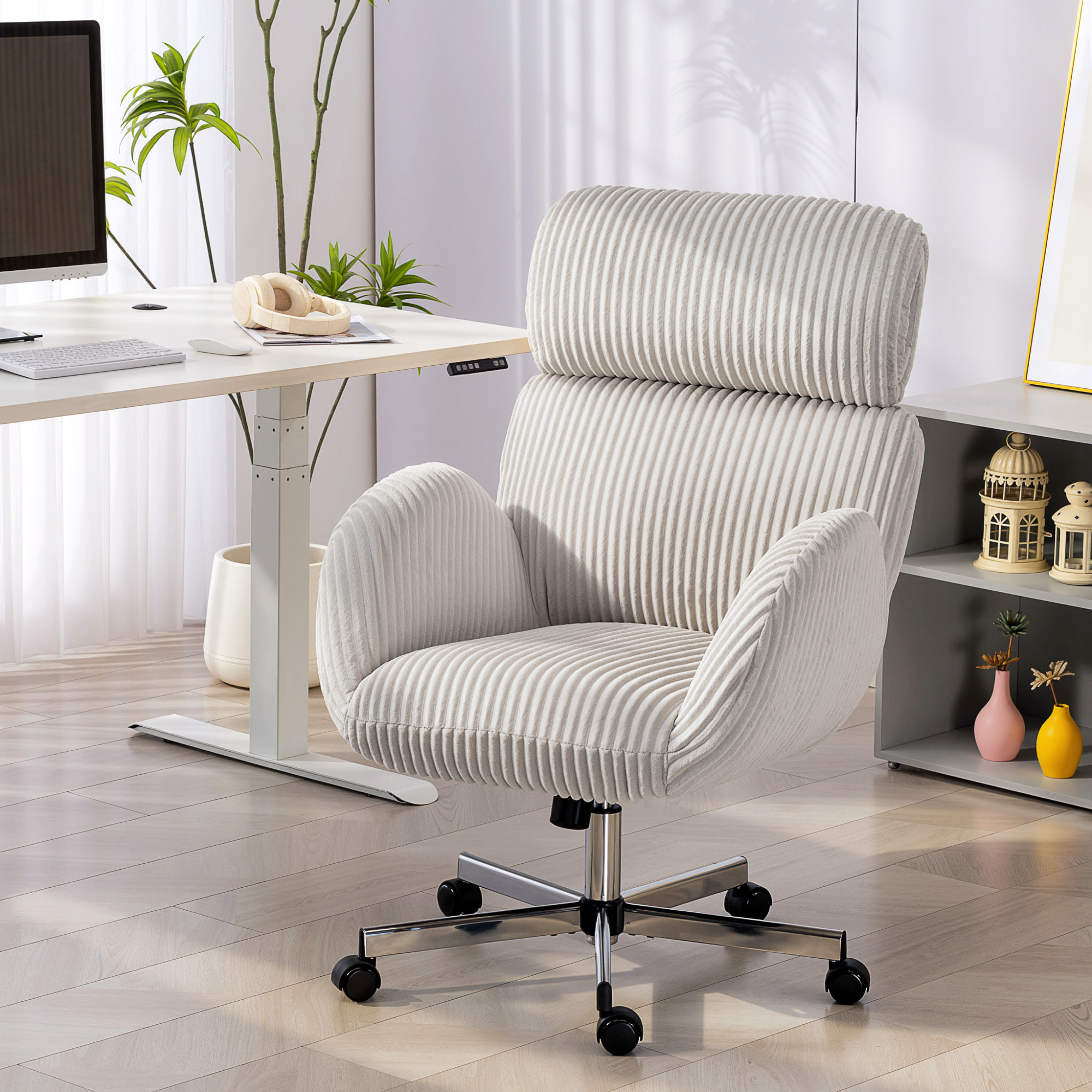 Silla de Oficina Piernas Cruzadas, Silla de Escritorio con Reposabrazos, Respaldo Alto, Reposacabezas Regulable, Ruedas, Altura Ajustable, Giratoria, Función Basculante, Tapizada en Pana, Gris