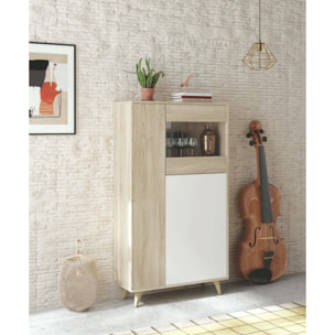 Vetrina Atlanta, Vetrinetta moderna a 3 ante, Credenza da soggiorno o salotto, Madia alta con ripiani, cm 77x33h142, Rovere e Bianco