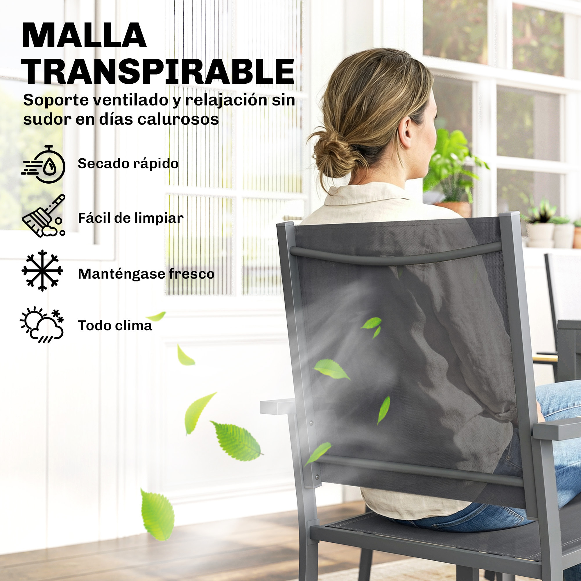 Conjunto de Mesa y Sillas Jardín de 7 Piezas, Muebles Jardín Exterior con Mesa de Plástico PSPC, 6 Sillas Apilables Transpirables, Marco de Acero Resistente a la Intemperie, Gris Oscuro