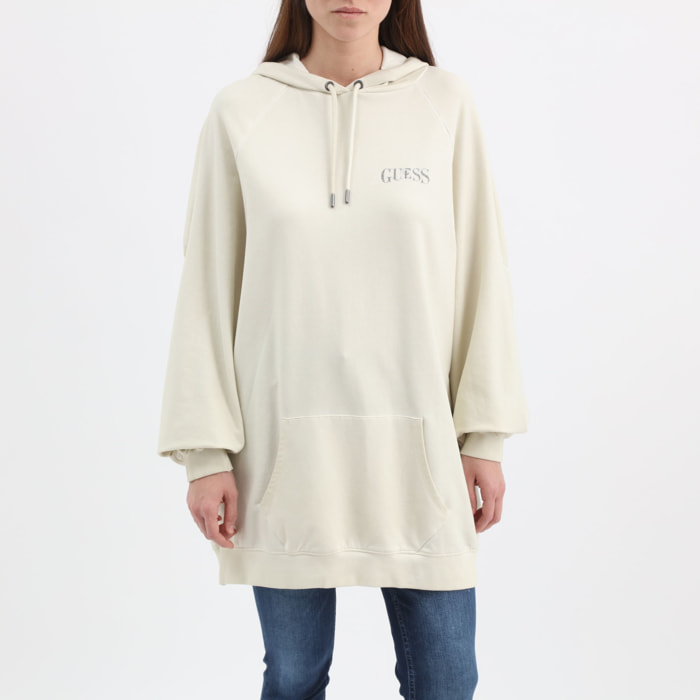 Sweat à capuche Rose - orné de strass - logo - beige