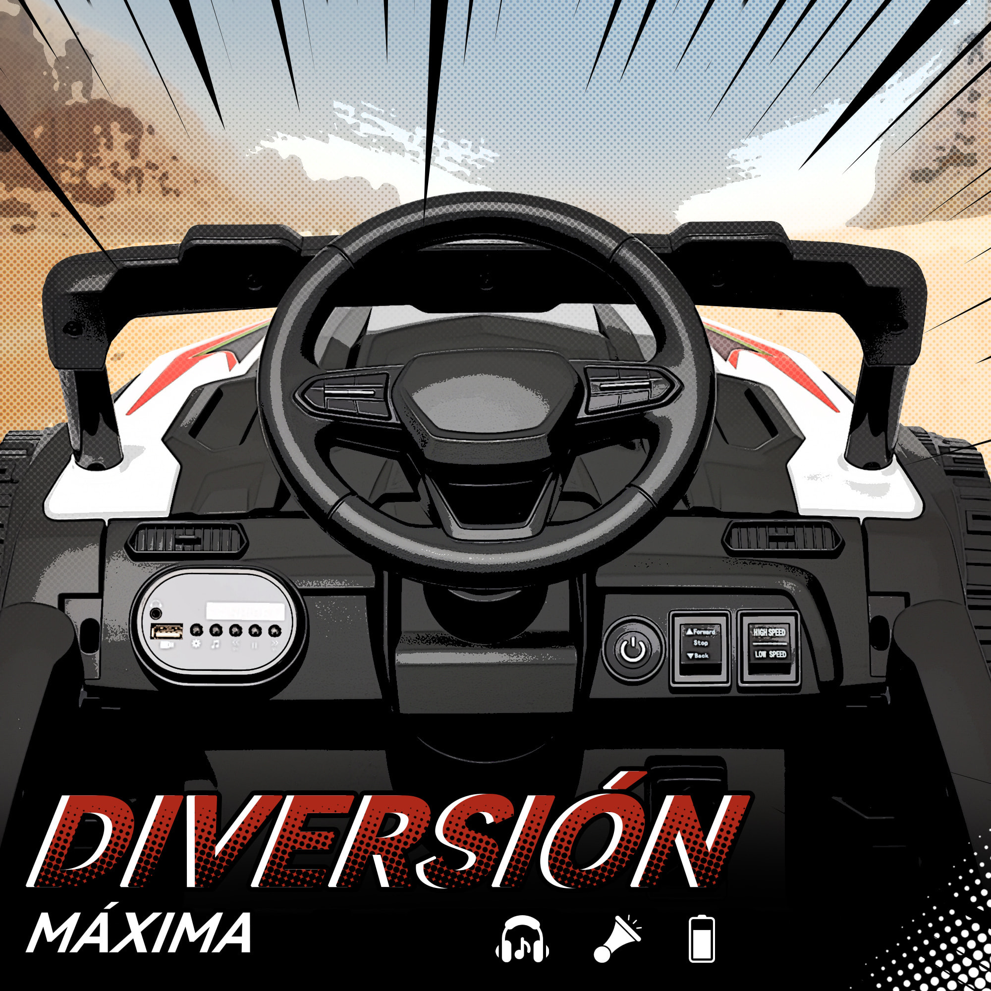 Coche Eléctrico para Niños 12V, Coche de Batería UTV con 2 Motores, Control Remoto 2,4G, Suspensión Trasera, Faros, Música, para Niños de +3 Años, Blanco