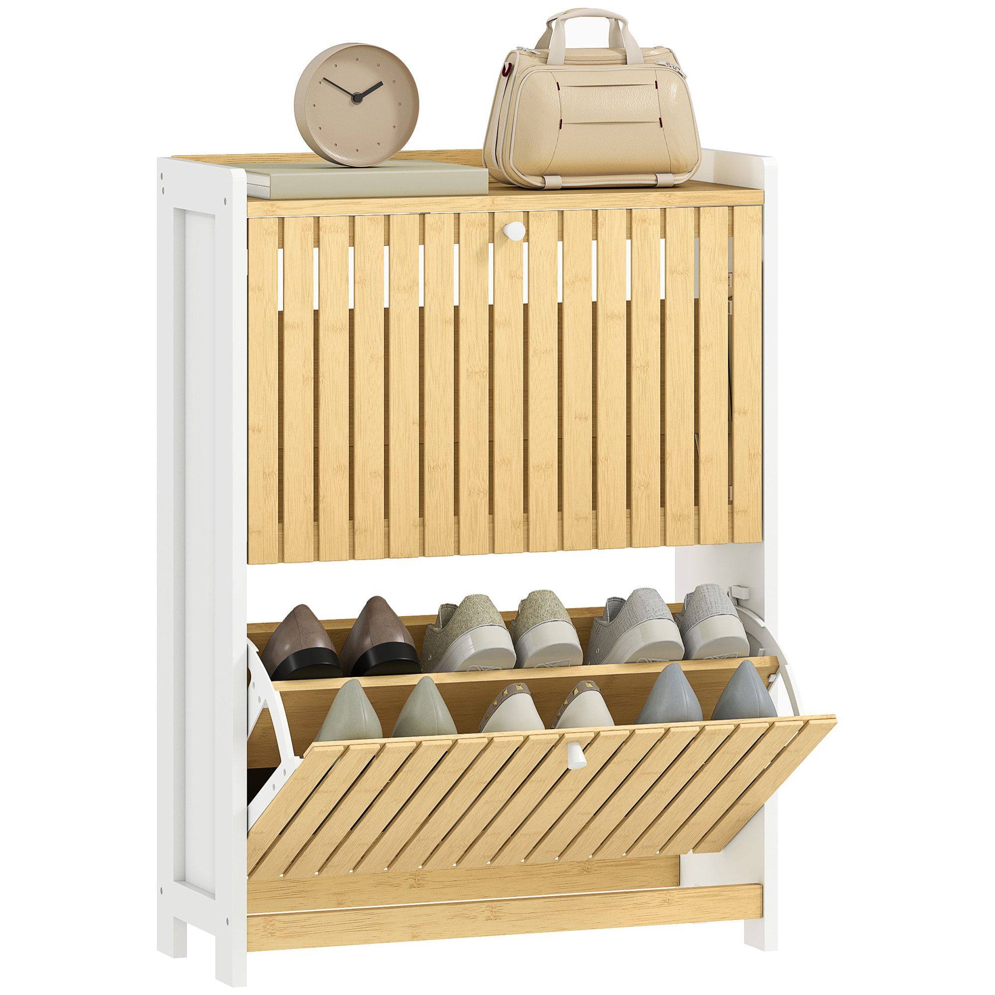Zapatero Estrecho con 2 Puertas de Bambú con Listones Zapatero Entrada Recibidor con Estantes Ajustables para 12 Pares de Zapatos 60x24x82,5 cm Blanco y Natural