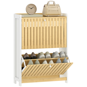 Zapatero Estrecho con 2 Puertas de Bambú con Listones Zapatero Entrada Recibidor con Estantes Ajustables para 12 Pares de Zapatos 60x24x82,5 cm Blanco y Natural